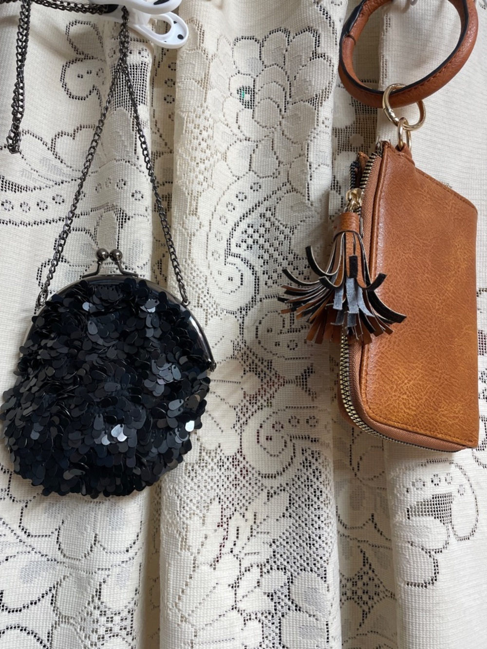 French Connection Black Sequin Round Crossbody & Brown Wristlet
